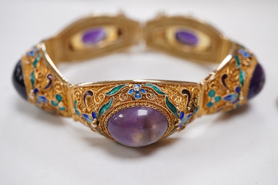 A Chinese silver gilt, enamel and amethyst cabochon bracelet - approx 20cm long and matching ring